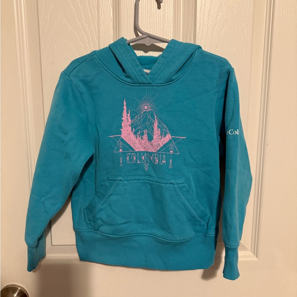 Columbia Blue Hoodie with Pink Mountain Design